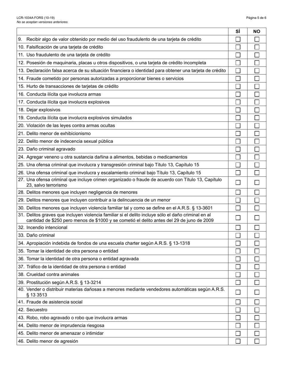 Formulario LCR-1034A-S Afidavit De Auto Revelacion De La Historial Criminal - Arizona (Spanish), Page 5