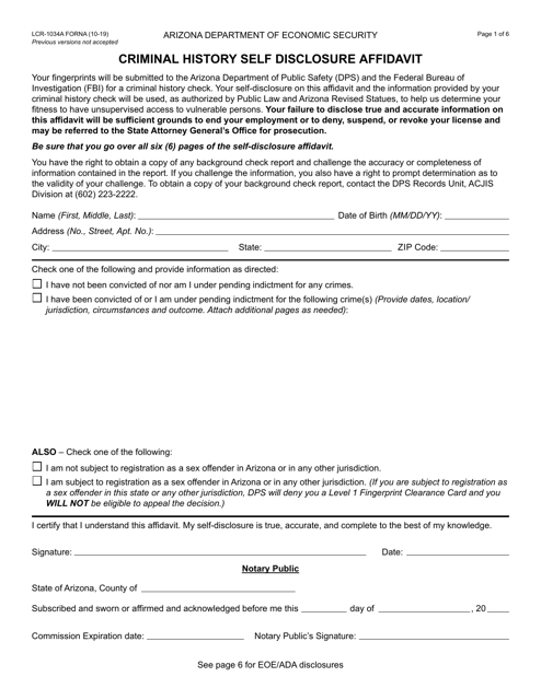 Form LCR-1034A Criminal History Self Disclosure Affidavit - Arizona