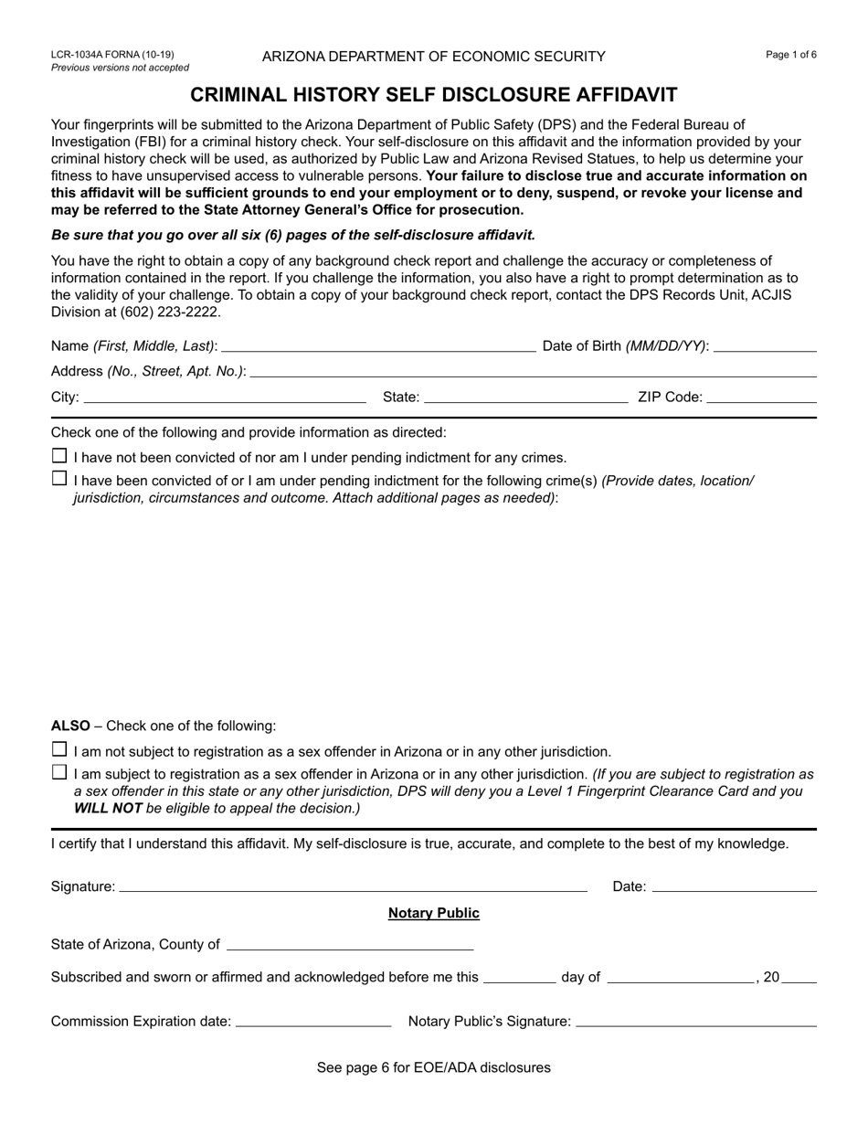 Form LCR-1034A Criminal History Self Disclosure Affidavit - Arizona, Page 1