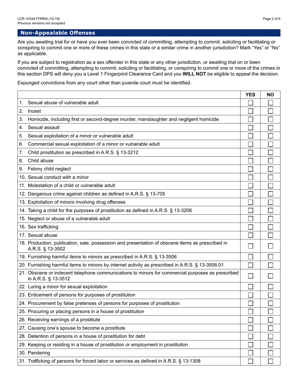 Form LCR-1034A Criminal History Self Disclosure Affidavit - Arizona, Page 2