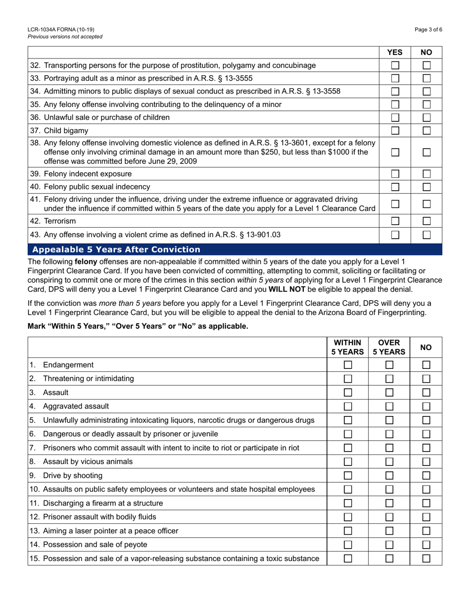 Form LCR-1034A Criminal History Self Disclosure Affidavit - Arizona, Page 3