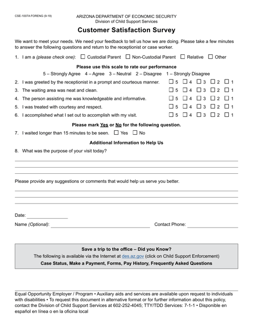 Form CSE-1007A Customer Satisfaction Survey - Arizona