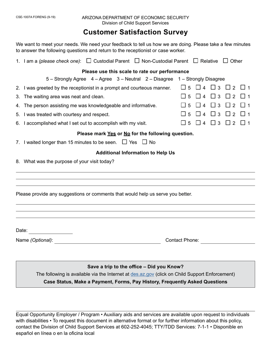 Form CSE-1007A Customer Satisfaction Survey - Arizona, Page 1