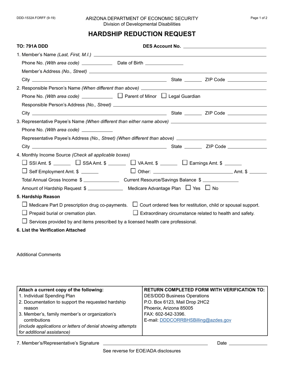 Form DDD-1532A Hardship Reduction Request - Arizona, Page 1