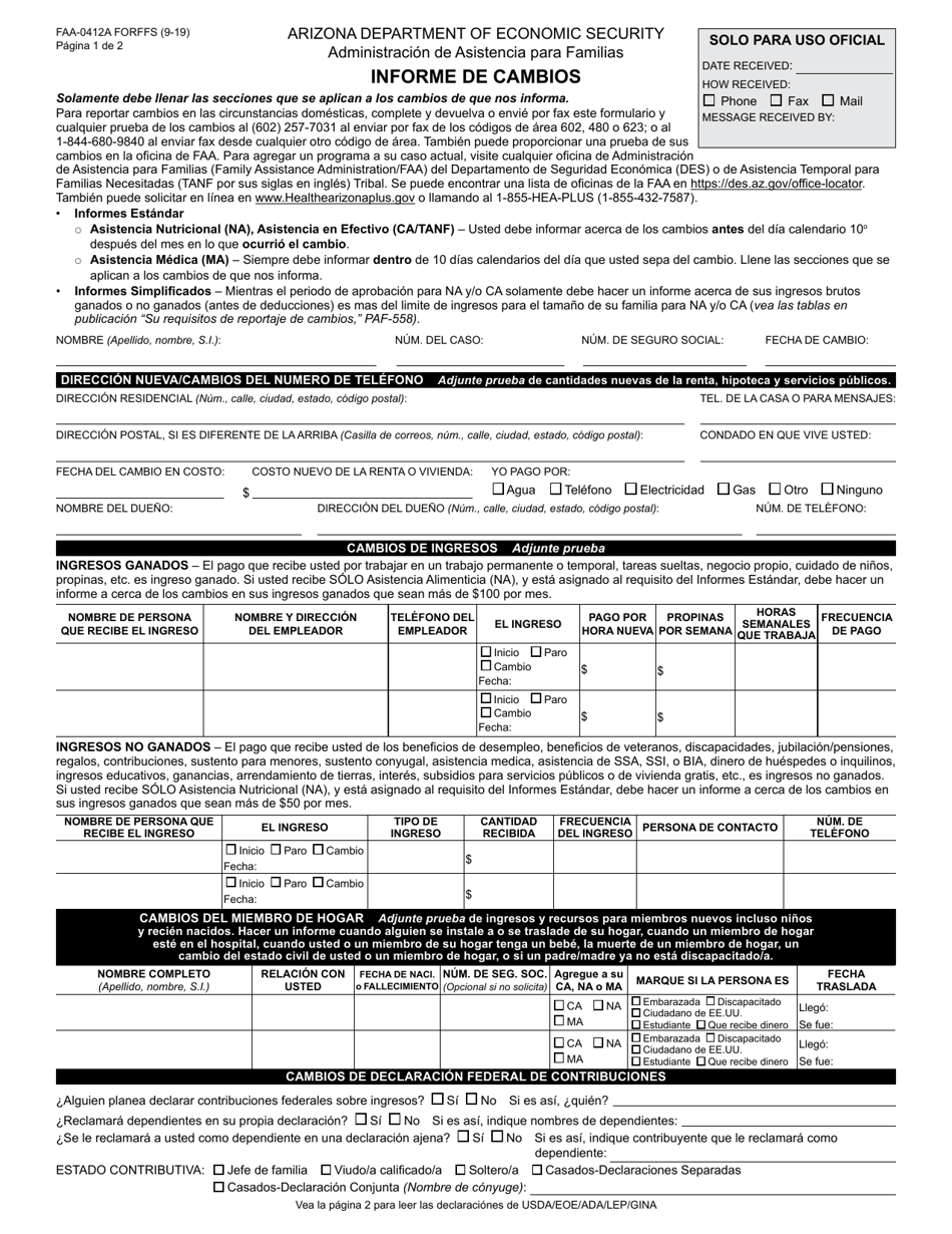 Formulario FAA-0412A-S informe De Cambios - Arizona (Spanish), Page 1