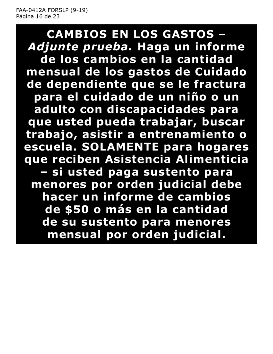 Formulario FAA-0412A-SLP informe De Cambios (Letra Grande) - Arizona (Spanish), Page 16