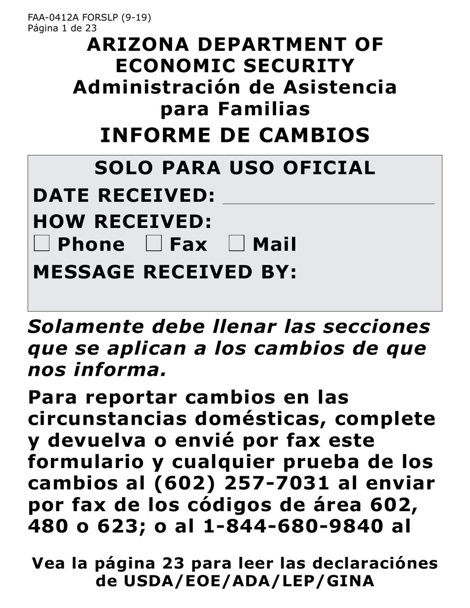 Formulario FAA-0412A-SLP ' informe De Cambios (Letra Grande) - Arizona (Spanish), Page 1