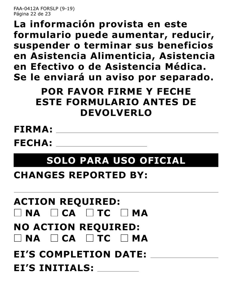 Formulario FAA-0412A-SLP informe De Cambios (Letra Grande) - Arizona (Spanish), Page 22