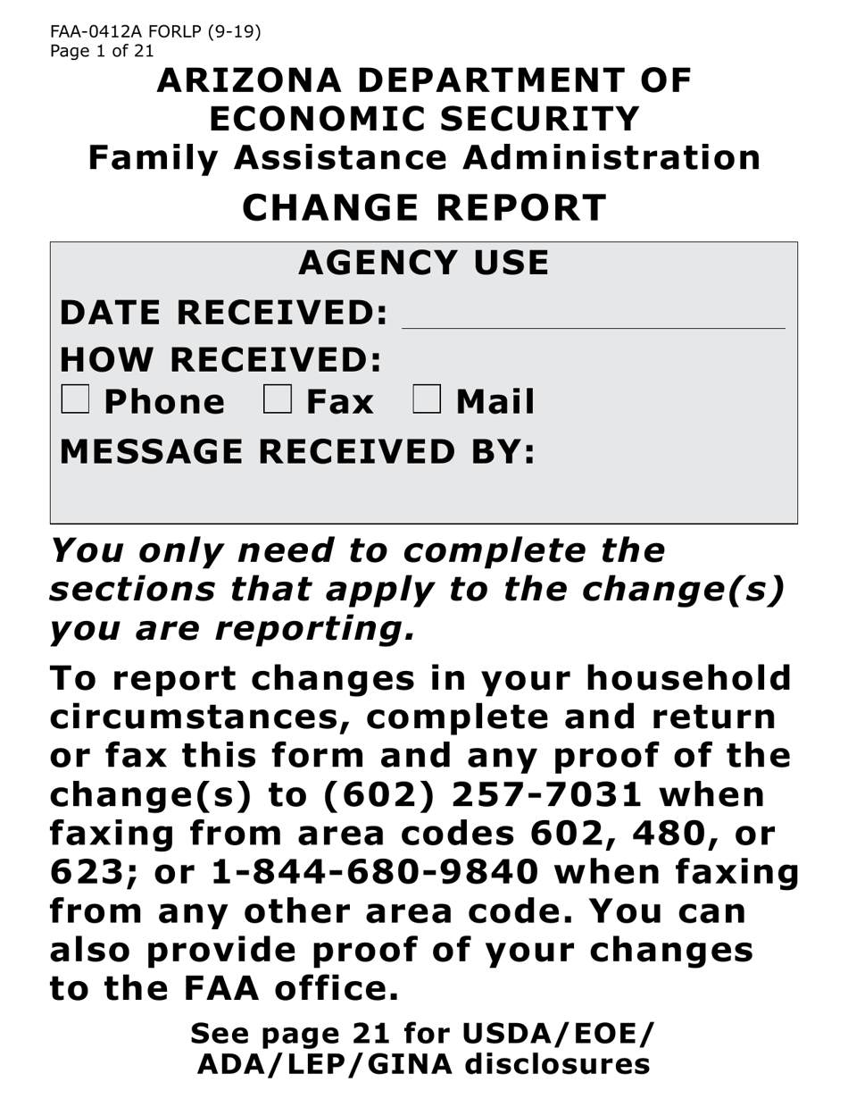 Form FAA-0412A-LP Change Report (Large Print) - Arizona, Page 1