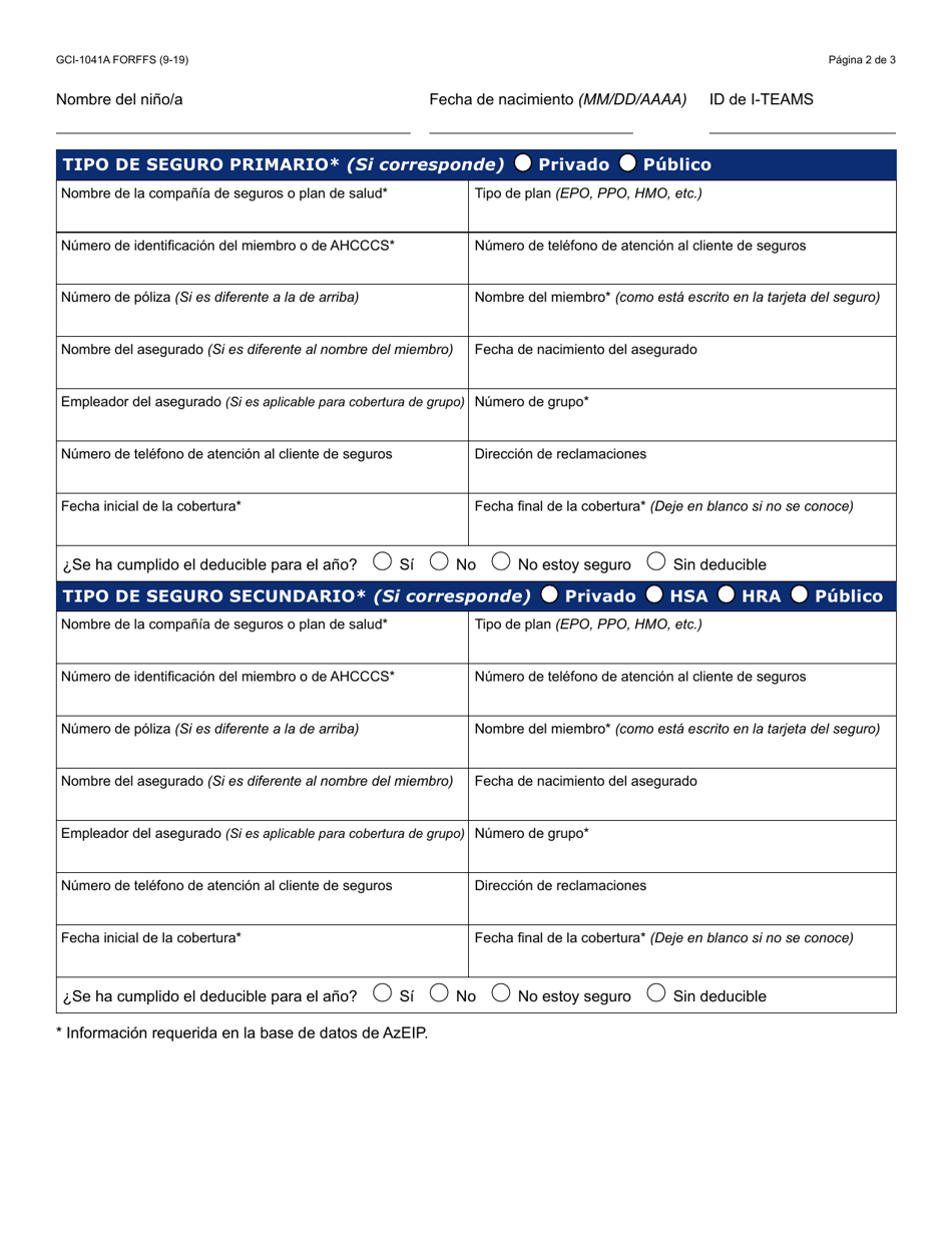 Formulario GCI-1041A-S Consentimiento Para El Uso Del Seguro De Salud - Arizona (Spanish), Page 2