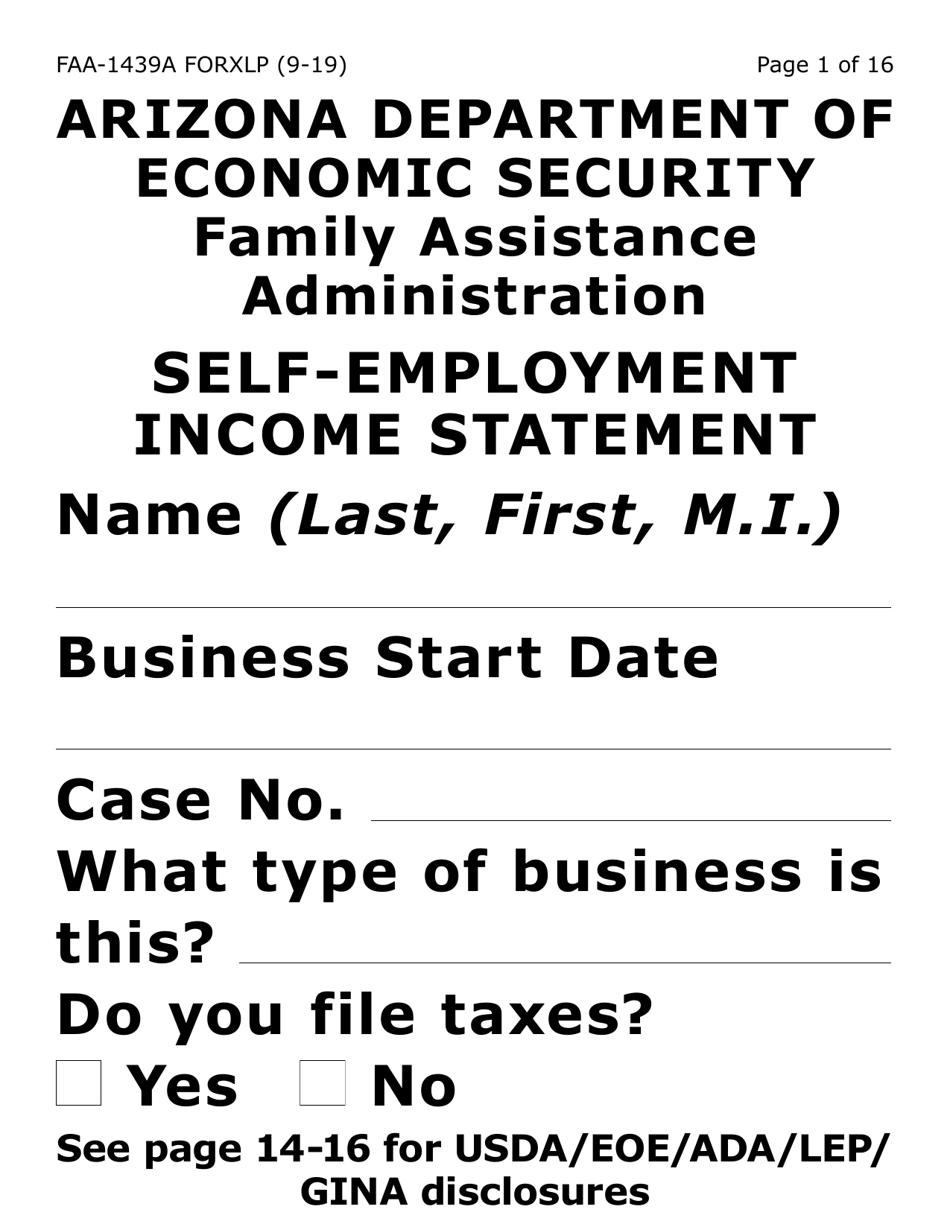 Form FAA-1439A-XLP Self-employment Income Statement (Extra Large Print) - Arizona, Page 1