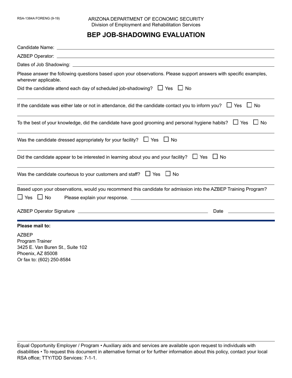Form RSA-1384A Bep Job-Shadowing Evaluation - Arizona, Page 1