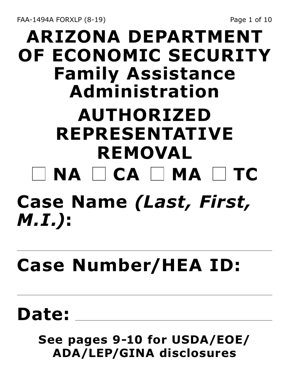 Form FAA-1494A-XLP Authorized Representative Removal (Extra Large Print) - Arizona, Page 1