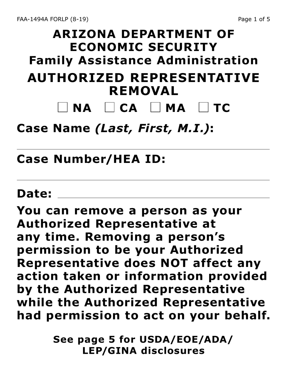 Form FAA-1494A-LP Authorized Representative Removal (Large Print) - Arizona, Page 1