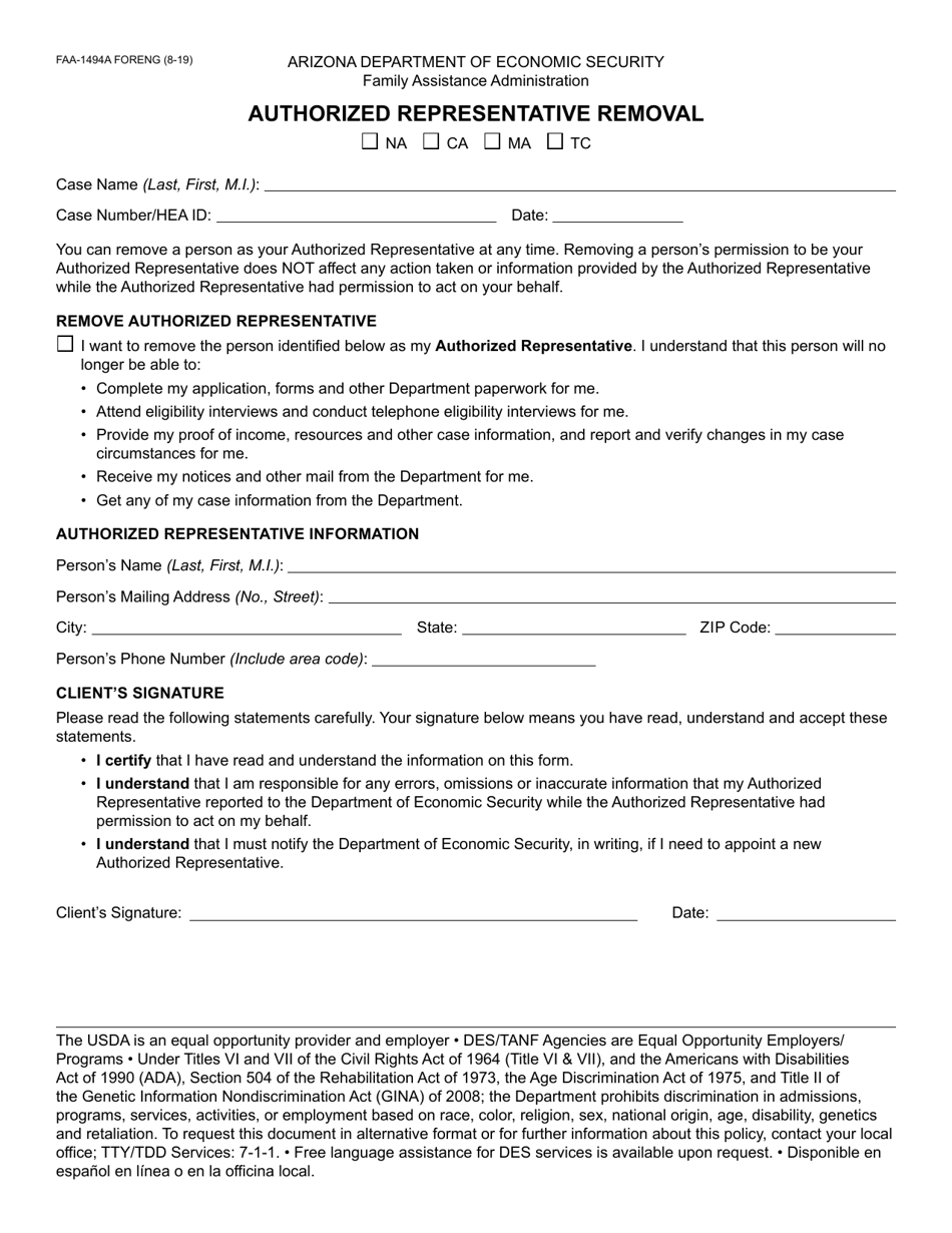 Form FAA-1494A Authorized Representative Removal - Arizona, Page 1