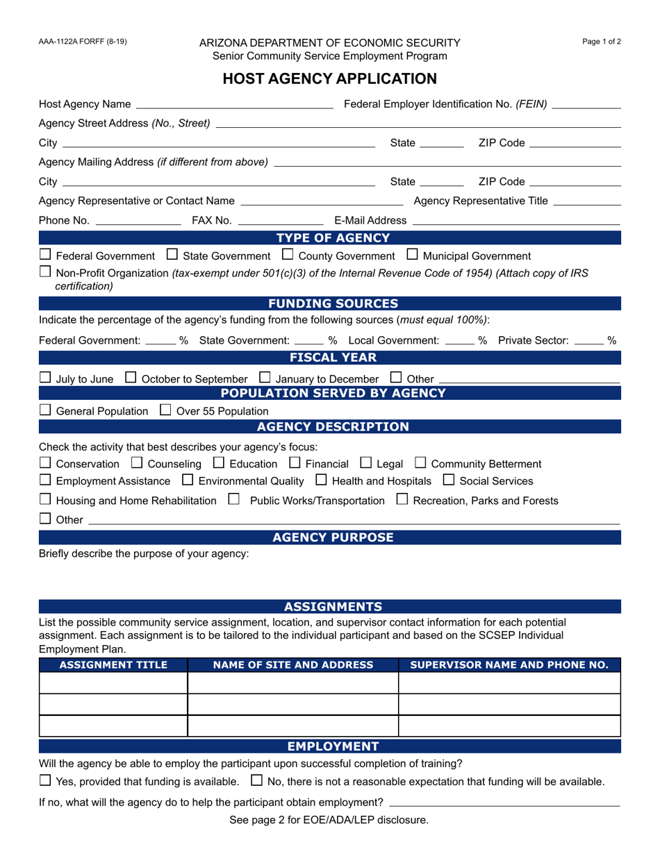 Form AAA-1122A Host Agency Application - Arizona, Page 1