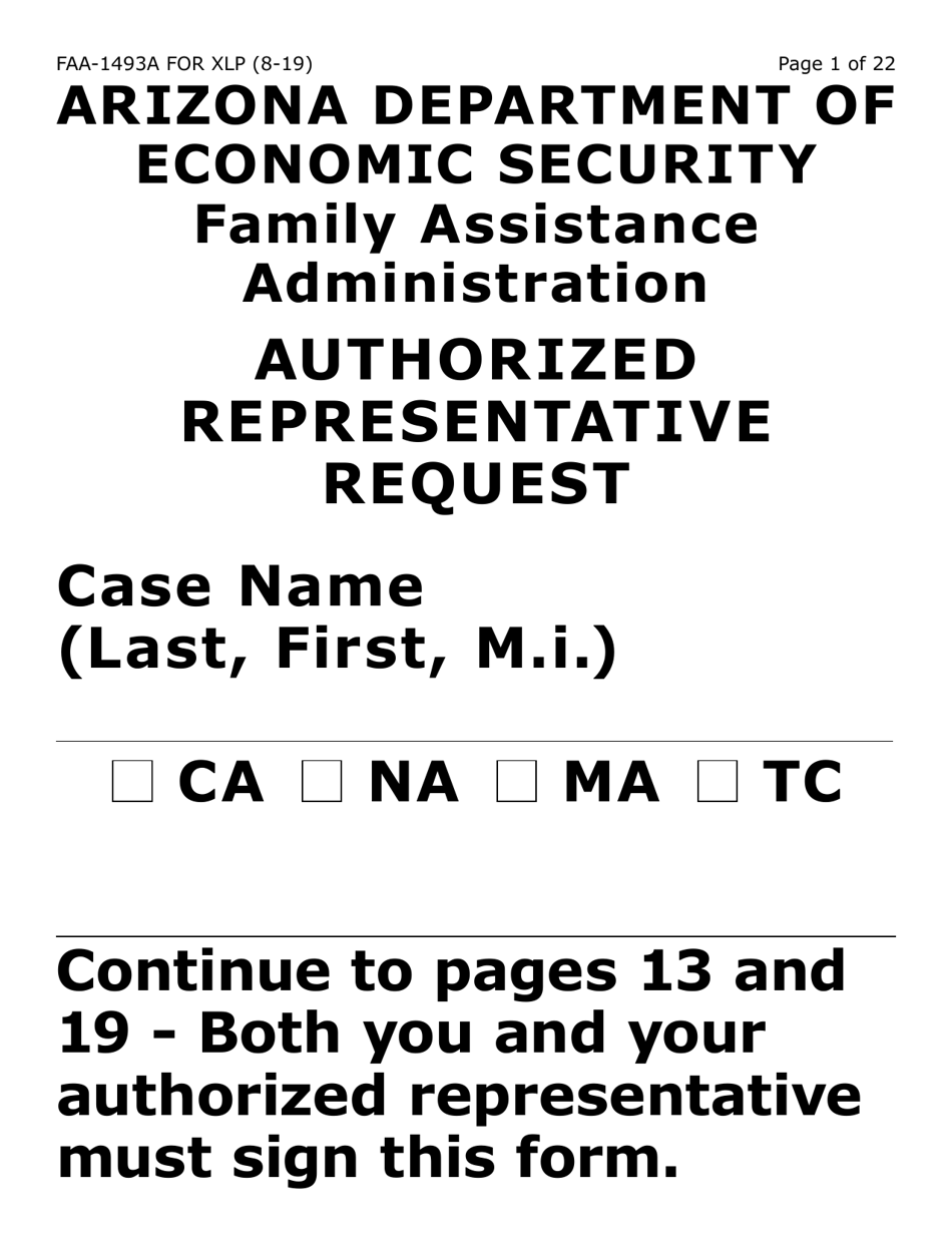 Form FAA-1493A-XLP Authorized Representative Request (Extra Large Print) - Arizona, Page 1