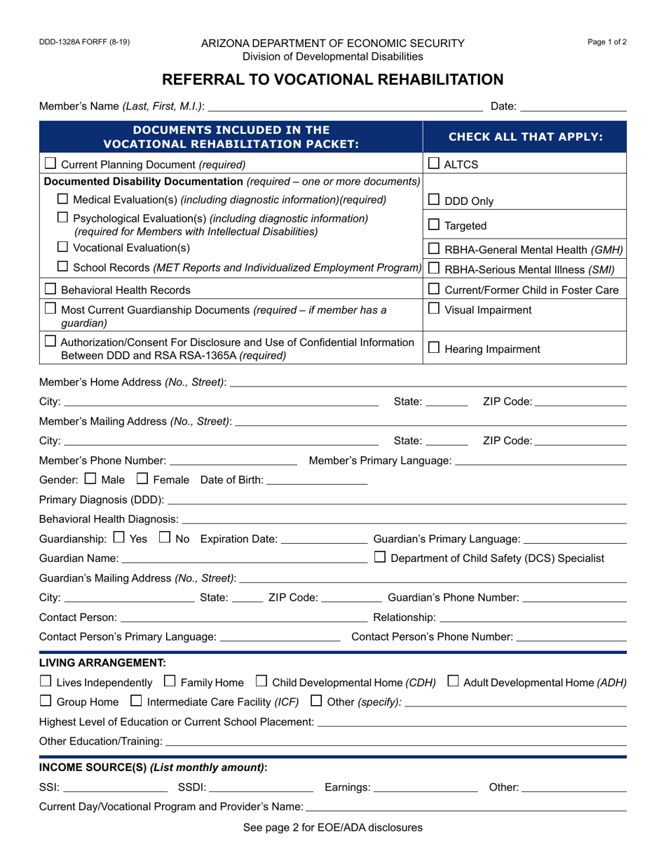 Form DDD-1328A Referral to Vocational Rehabilitation - Arizona, Page 1