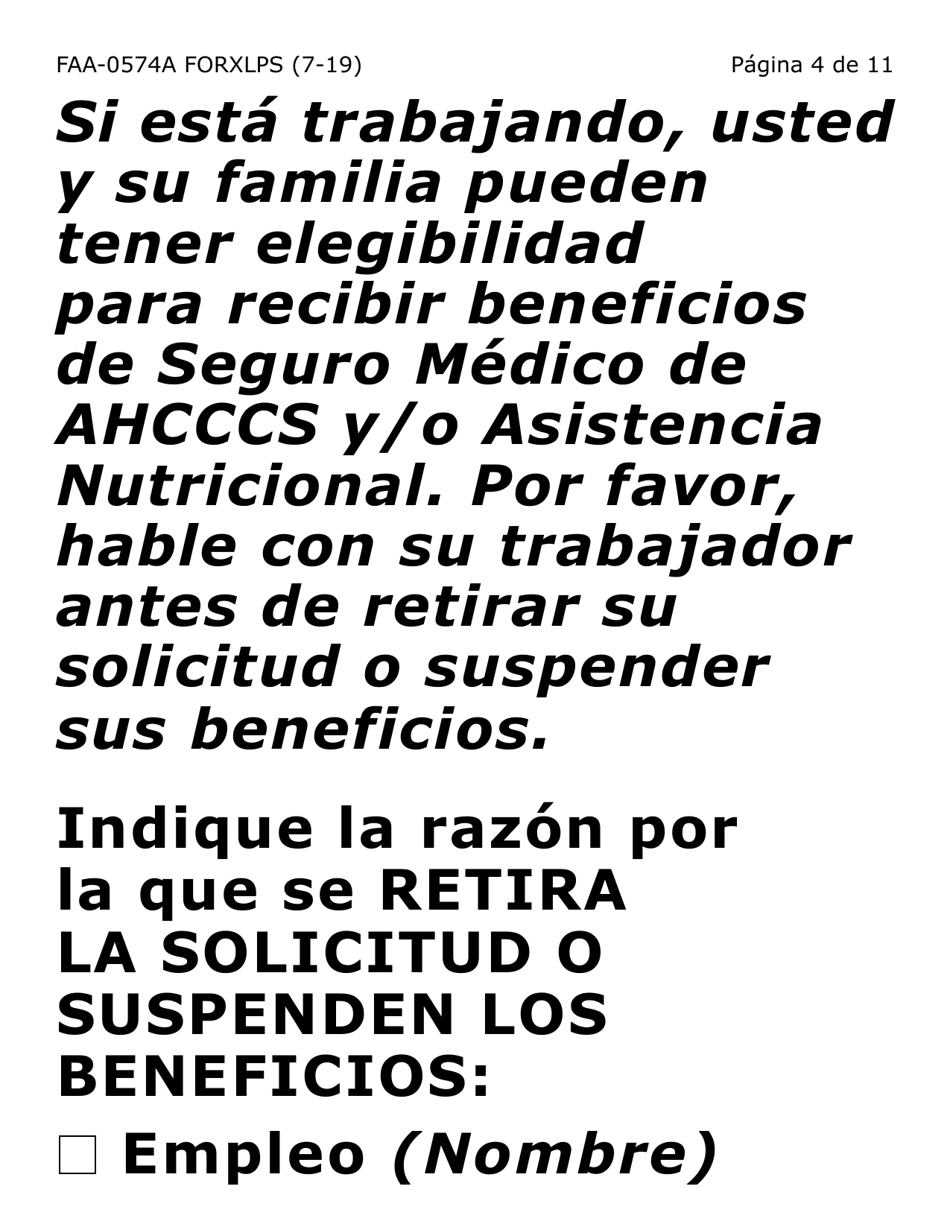 Formulario FAA-0574A-XLPS Retirar O Suspender Beneficios / Solicitud De Apelacion (Letra Extra Grande) - Arizona (Spanish), Page 4