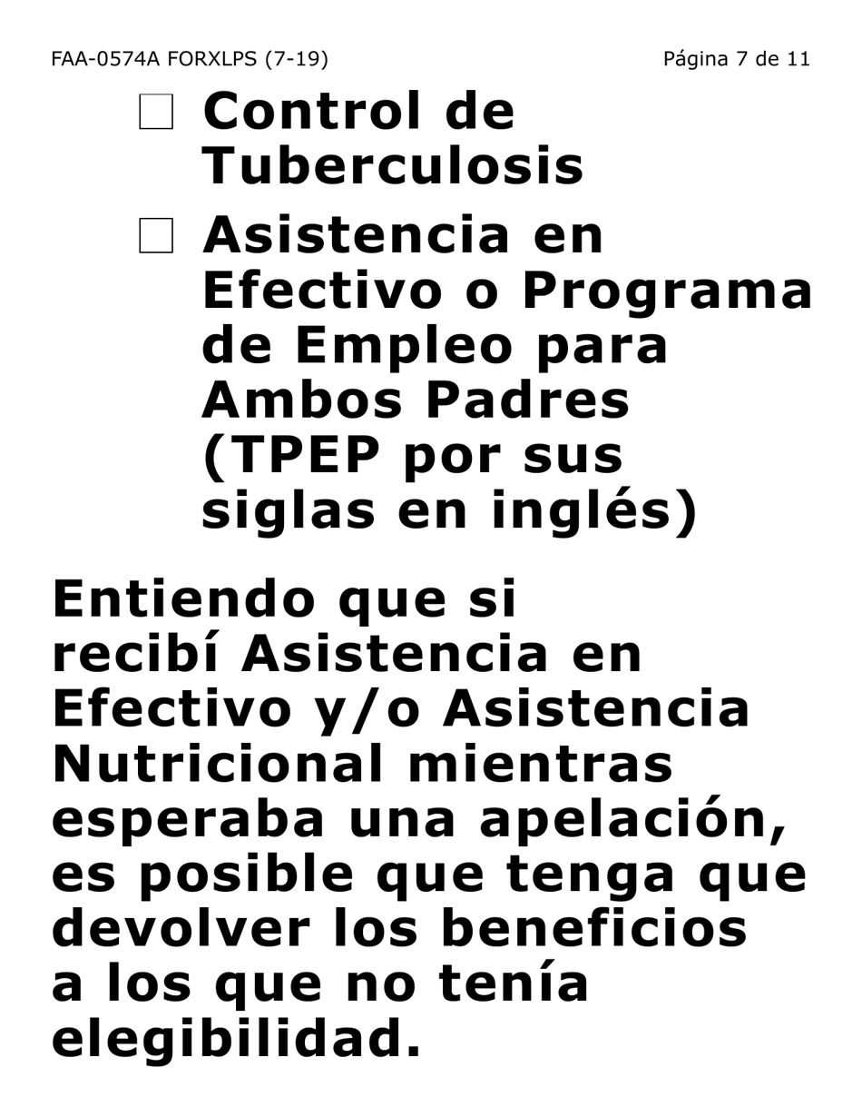 Formulario FAA-0574A-XLPS Retirar O Suspender Beneficios / Solicitud De Apelacion (Letra Extra Grande) - Arizona (Spanish), Page 7