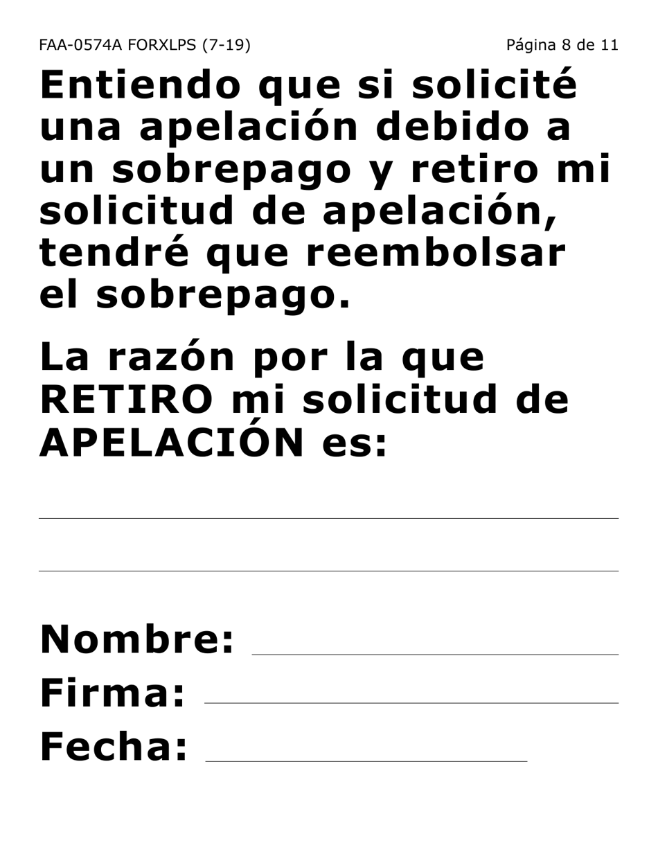 Formulario FAA-0574A-XLPS Retirar O Suspender Beneficios / Solicitud De Apelacion (Letra Extra Grande) - Arizona (Spanish), Page 8