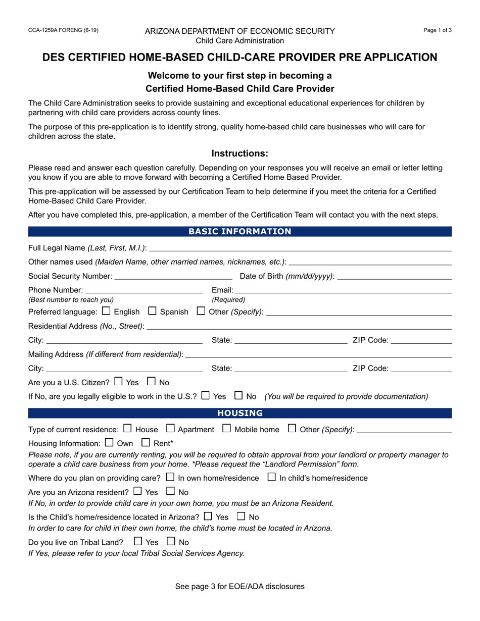 Form CCA-1259A DES Certified Home-Based Child-Care Provider Pre Application - Arizona, Page 1