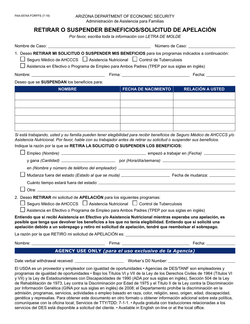 Formulario FAA-0574A-S Retirar O Suspender Beneficios/Solicitud De Apelacion - Arizona (Spanish), Page 1