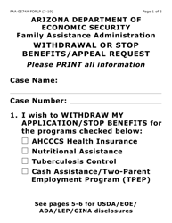 Document preview: Form FAA-0574A-LP Withdrawal or Stop Benefits/Appeal Request (Large Print) - Arizona