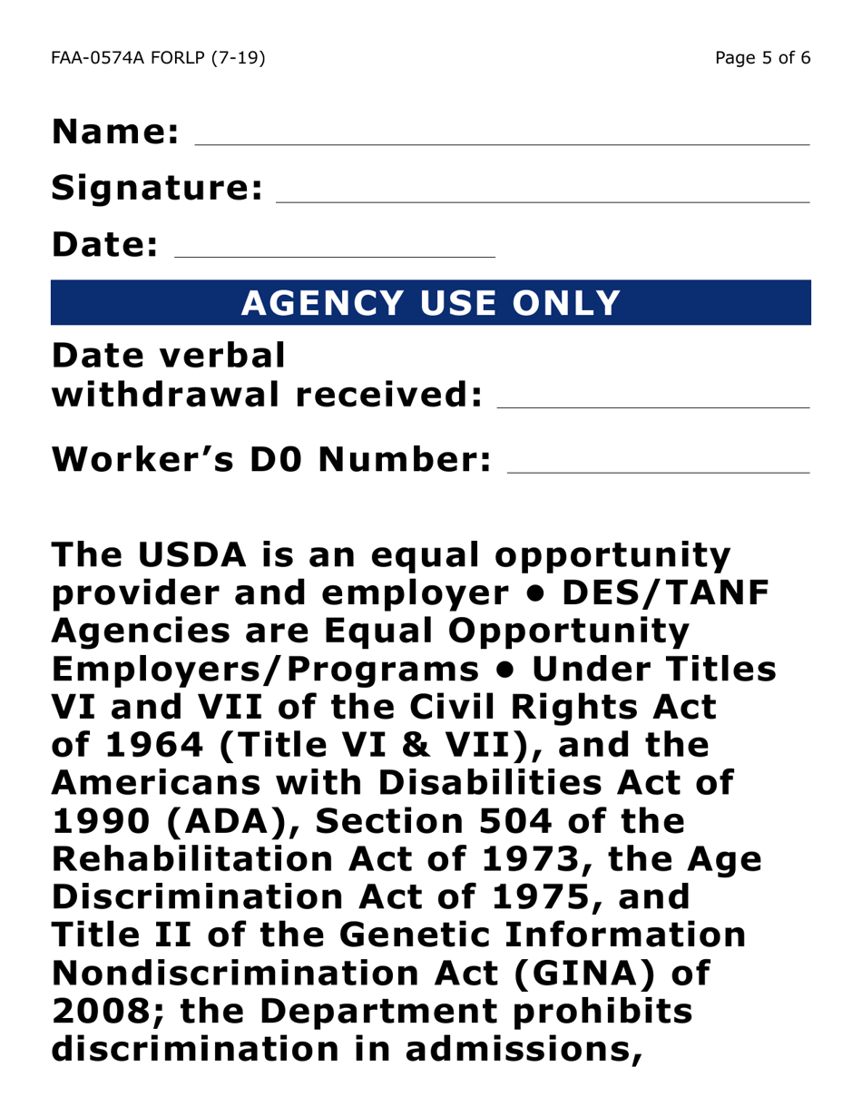 Form FAA-0574A-LP Withdrawal or Stop Benefits / Appeal Request (Large Print) - Arizona, Page 5