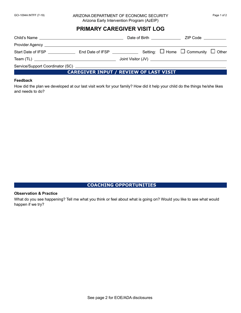Form GCI-1094A Primary Caregiver Visit Log - Arizona, Page 1