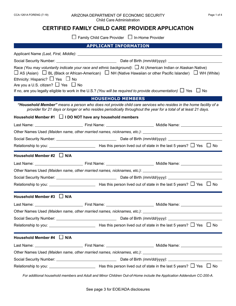 Form CCA-1261A Certified Family Child Care Provider Application - Arizona, Page 1