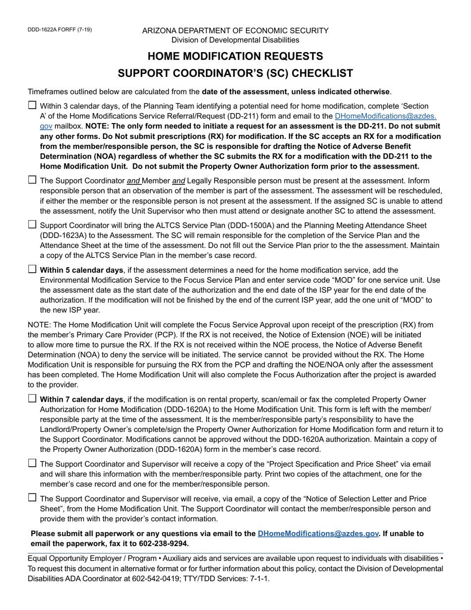 Form DDD-1622A Home Modification Requests Support Coordinators (Sc) Checklist - Arizona, Page 1