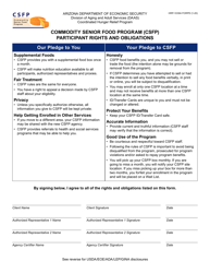 Form HRP-1039A &quot;Commodity Senior Food Program (Csfp) Participant Rights and Obligations&quot; - Arizona