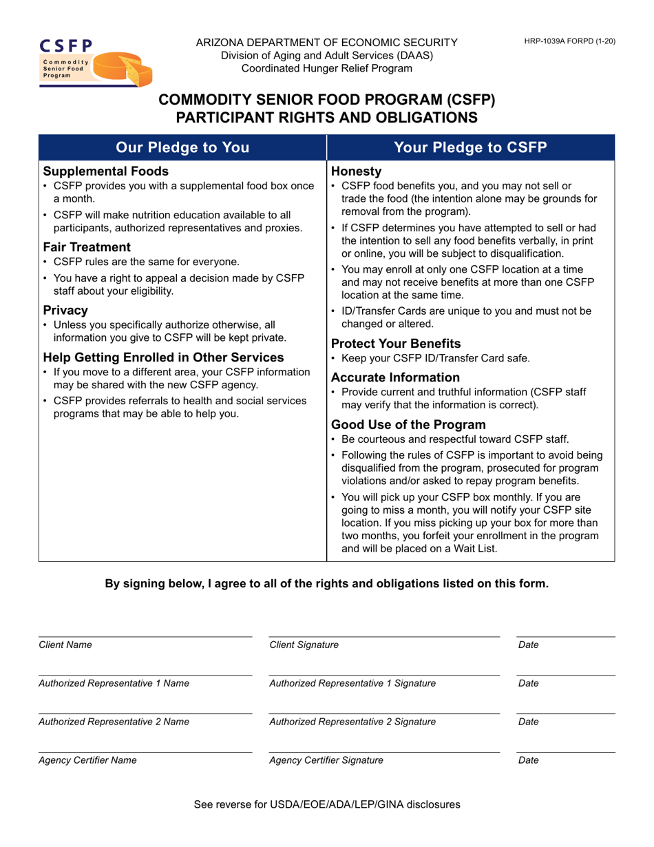 Form HRP-1039A Commodity Senior Food Program (Csfp) Participant Rights and Obligations - Arizona, Page 1