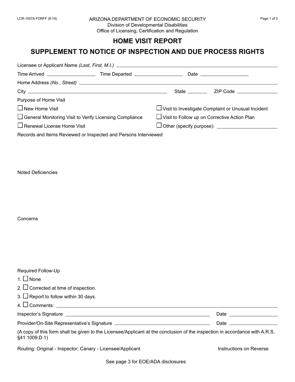 Form LCR-1007A Home Visit Report Supplement to Notice of Inspection and Due Process Rights - Arizona, Page 1
