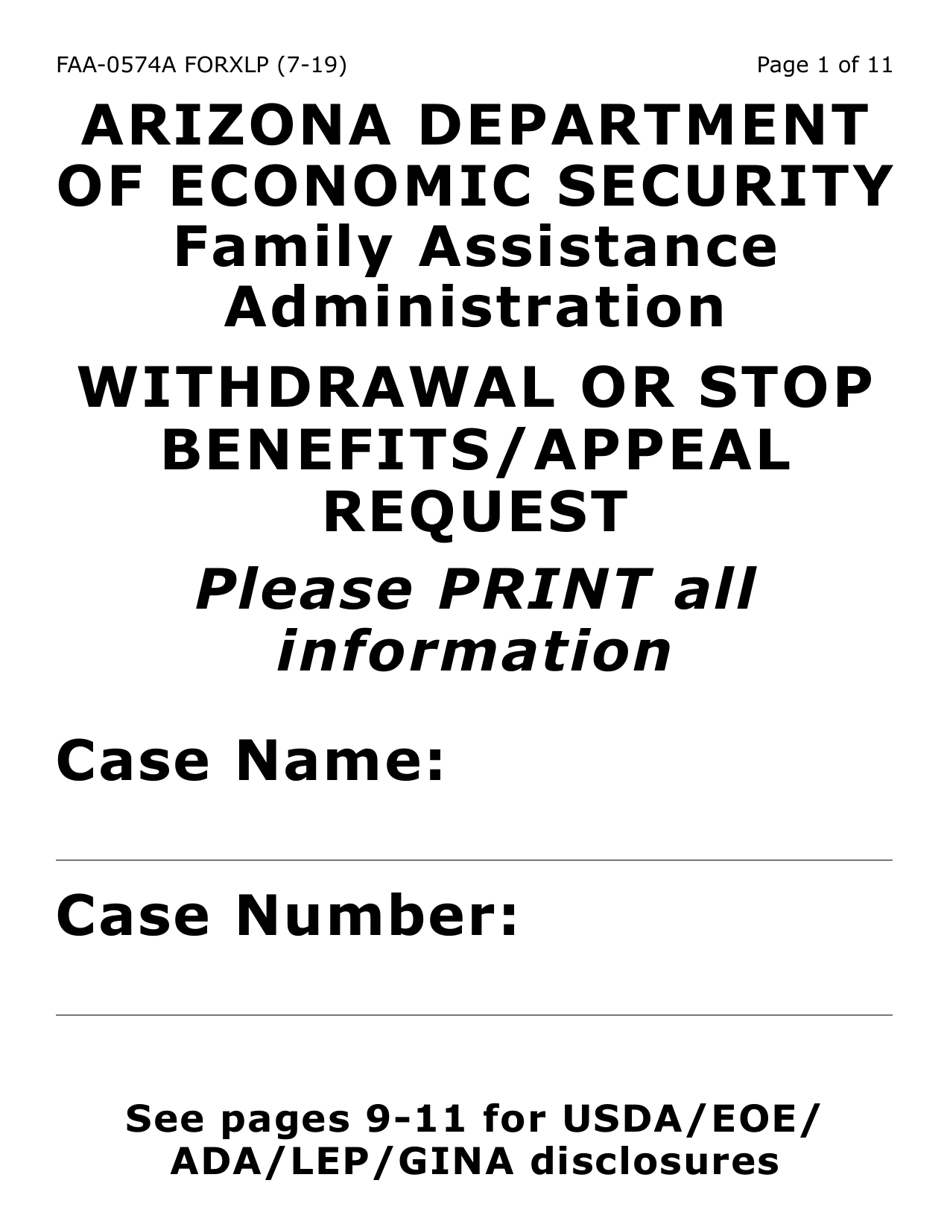 Form FAA-0574A-XLP Withdrawal or Stop Benefits / Appeal Request (Large Extra Print) - Arizona, Page 1