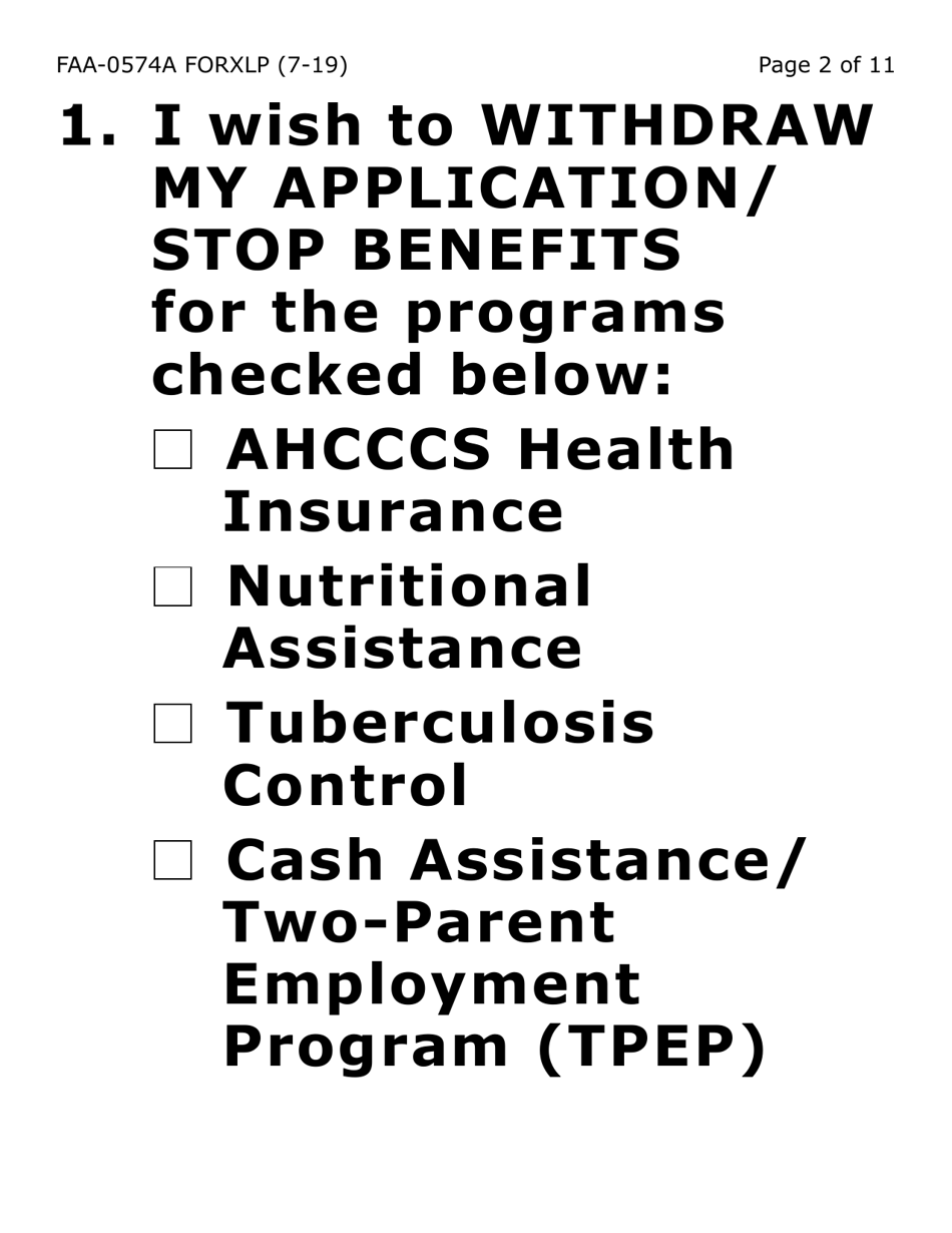 Form FAA-0574A-XLP Withdrawal or Stop Benefits / Appeal Request (Large Extra Print) - Arizona, Page 2