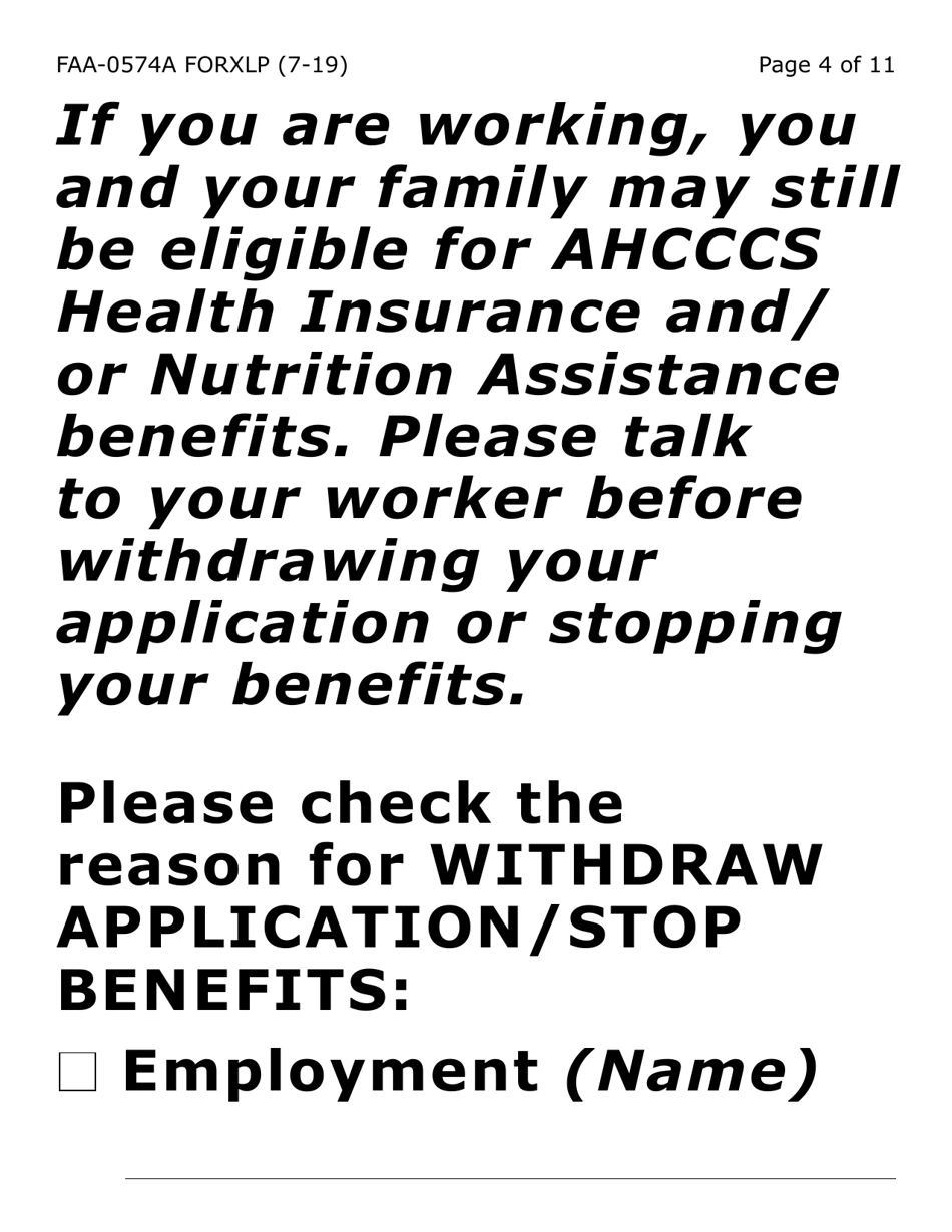 Form FAA-0574A-XLP Withdrawal or Stop Benefits / Appeal Request (Large Extra Print) - Arizona, Page 4