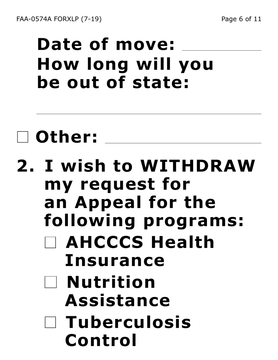 Form FAA-0574A-XLP Withdrawal or Stop Benefits / Appeal Request (Large Extra Print) - Arizona, Page 6