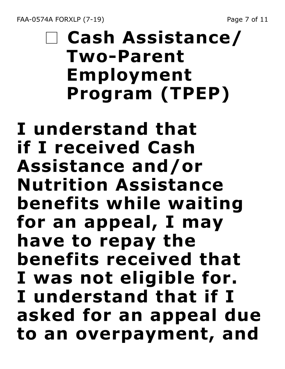 Form FAA-0574A-XLP Withdrawal or Stop Benefits / Appeal Request (Large Extra Print) - Arizona, Page 7