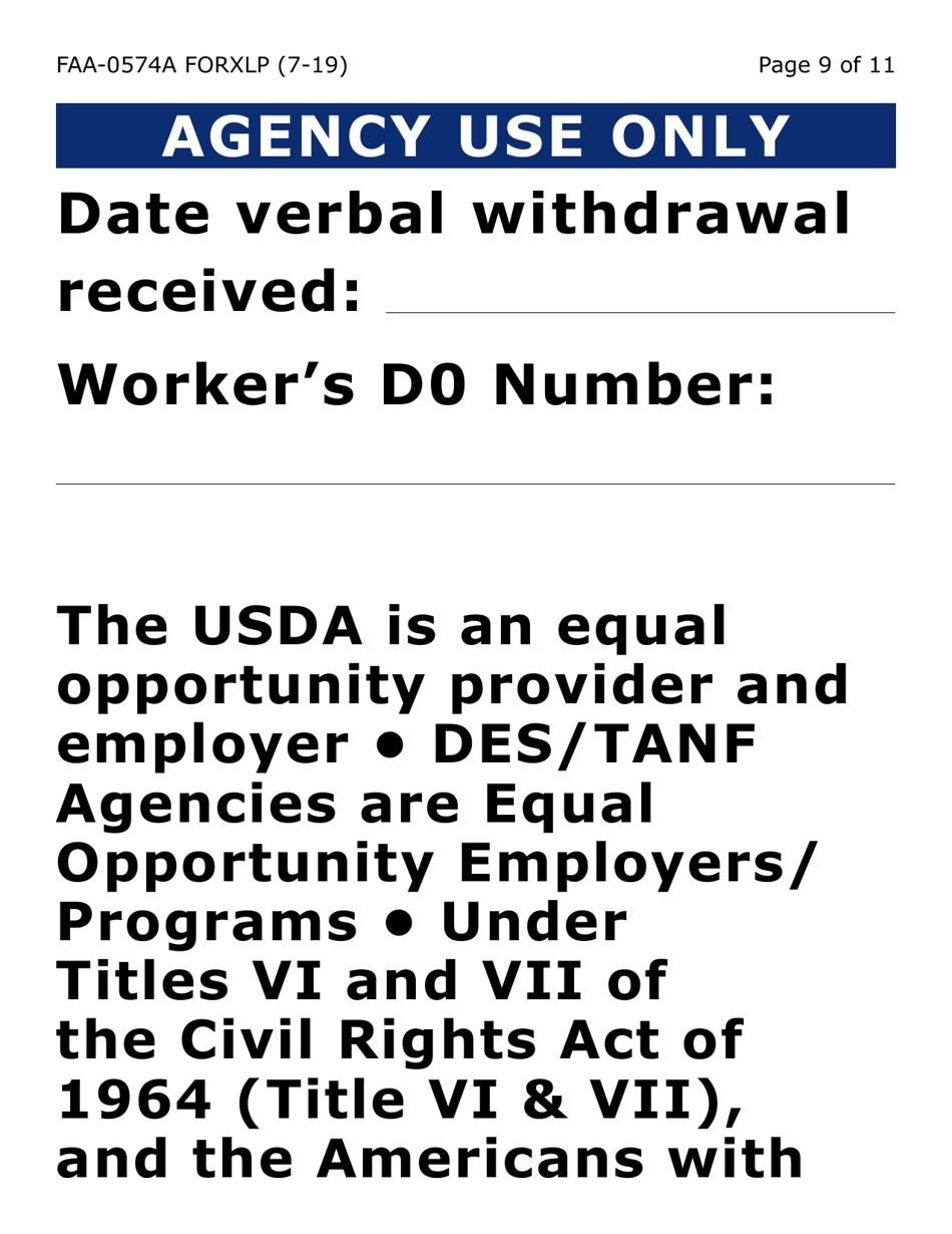 Form FAA-0574A-XLP Withdrawal or Stop Benefits / Appeal Request (Large Extra Print) - Arizona, Page 9