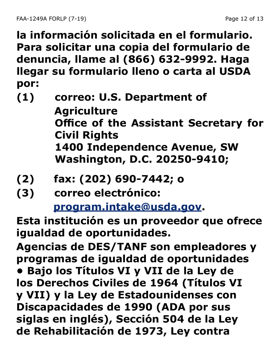 Form FAA-1249A-LP Verification of Disability (Large Print) - Arizona (English / Spanish), Page 12
