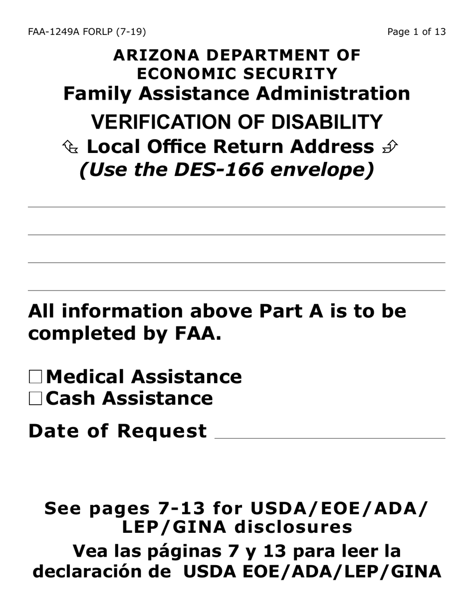 Form FAA-1249A-LP Verification of Disability (Large Print) - Arizona (English / Spanish), Page 1