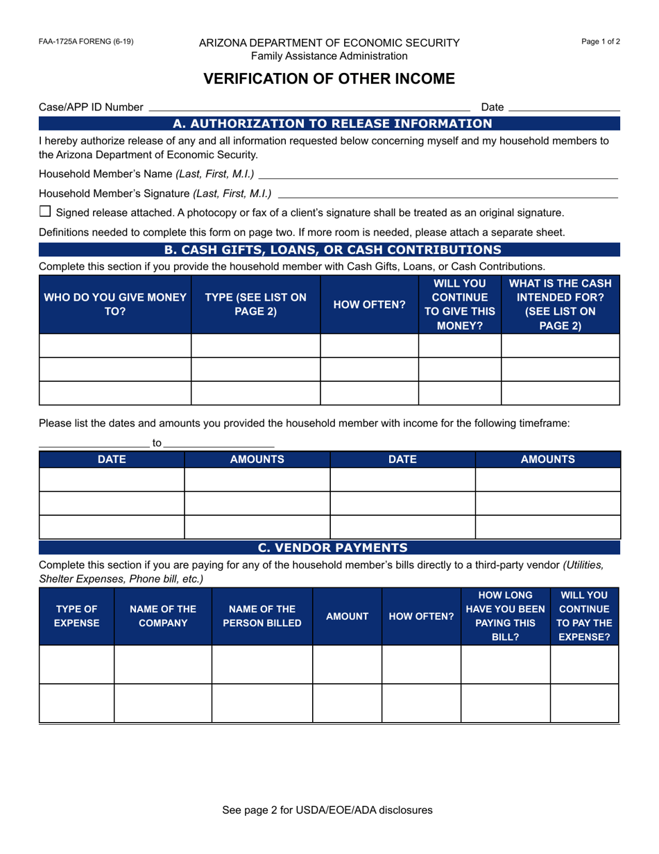 Form FAA-1725A Verification of Other Income - Arizona, Page 1