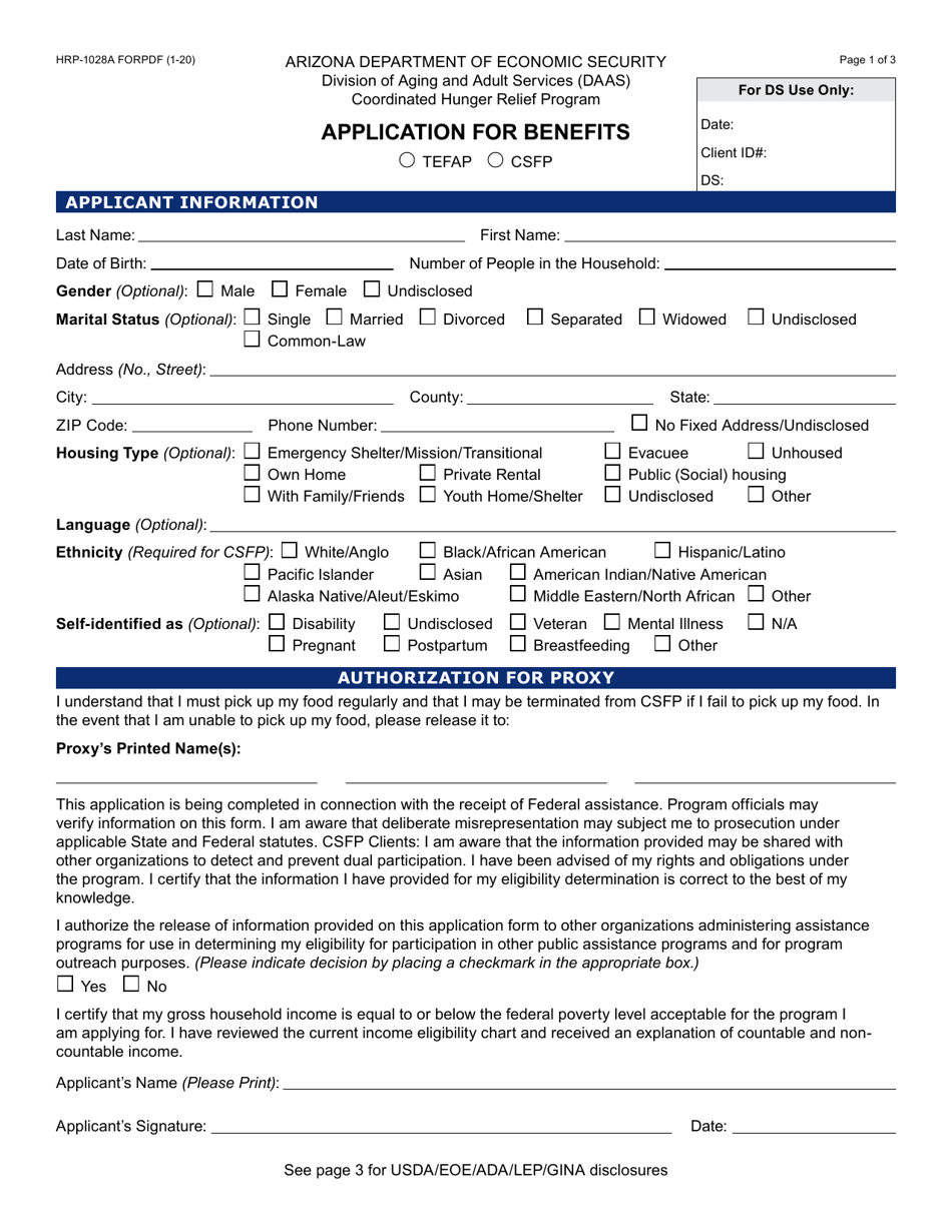 Form HRP-1028A Application for Benefits - Arizona, Page 1