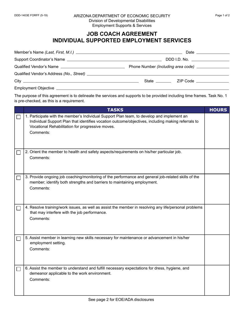 Form DDD-1403E Job Coach Agreement Individual Supported Employment Services - Arizona, Page 1