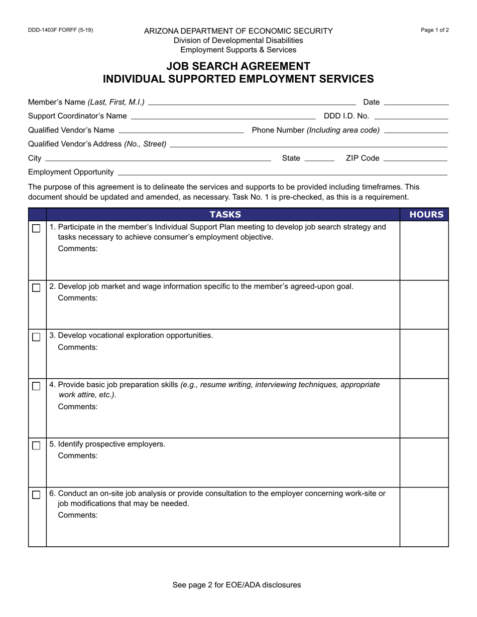 Form DDD-1403F Job Search Agreement - Individual Supported Employment Services - Arizona, Page 1