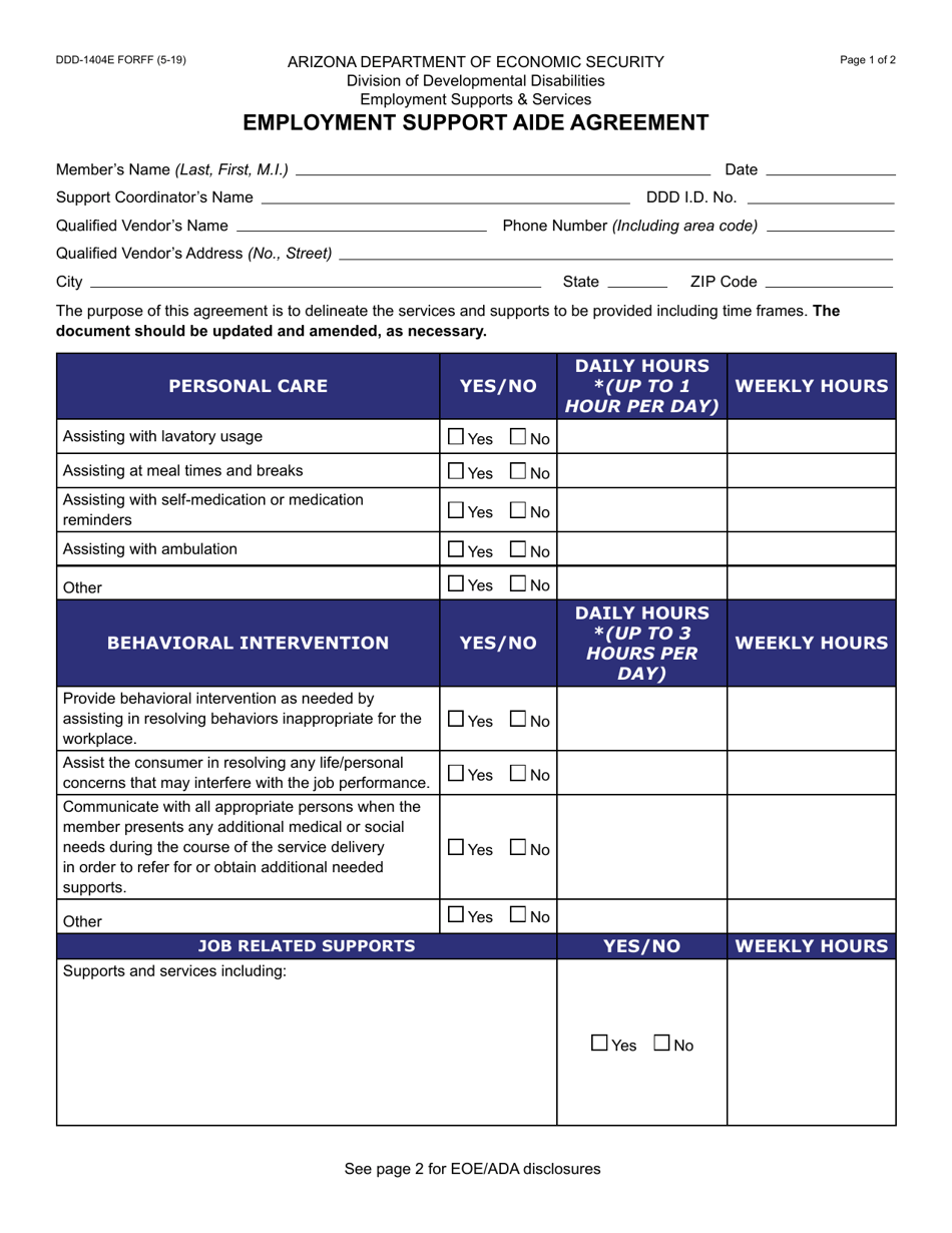 Form DDD-1404E Employment Support Aide Agreement - Arizona, Page 1
