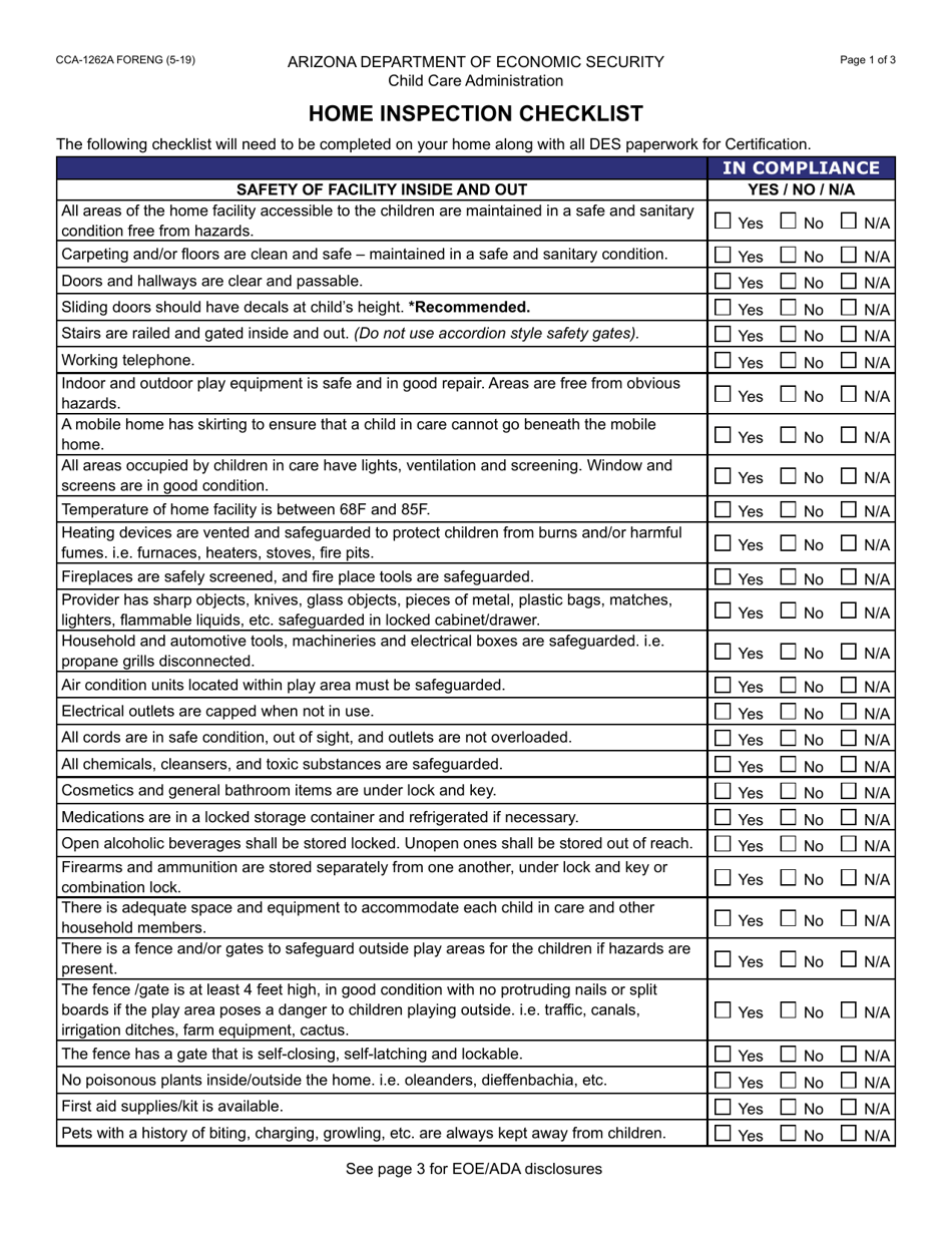 Form CCA-1262A Home Inspection Checklist - Arizona, Page 1