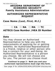 Form FAA-1493A-LP Nutrition Assistance Authorized Representative Request (Large Print) - Arizona